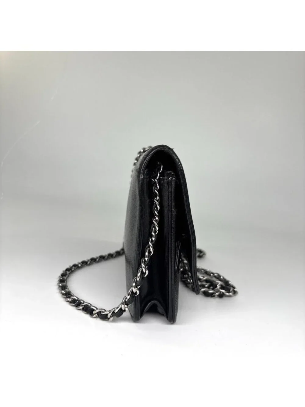 Chanel Super Caviar Leather Chain Wallet Black CC Logo Shoulder
